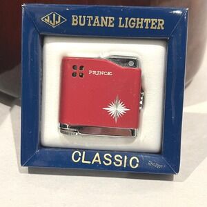 Vintage 1960s JJJ Prince Butane Lighter Red Enamel Starburst NOS w/ Box Japan